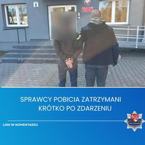 Zdjęcia przedstawiają policjantów którzy doprowadzają dwóch mężczyzn na czynności w Prokuraturze Rejonowej w Trzciance. Mężczyźni to sprawcy pobicia w Krzyżu Wielkopolskim.