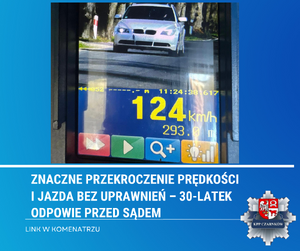 na zdjęciu widoczny jest pojazd marki BMW, którym kieruje 30 letni mieszkaniec gminy Wieleń, przekraczając prędkość oraz kierując pojazdem nie mając do tego uprwnień